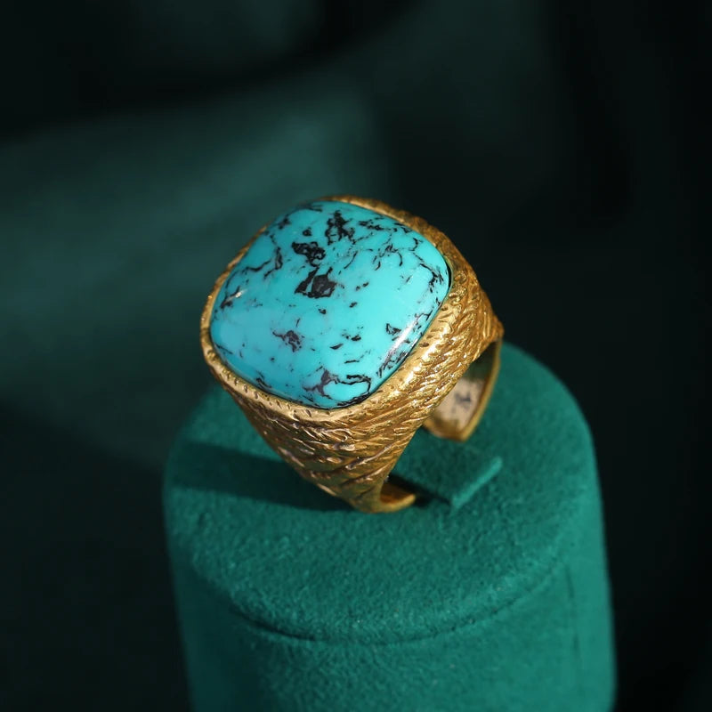 Vintage Wedding Rings for Women Round Blue Natural Oval Green Crystal Horse Eye Shape Glass Retro Pattern Gold Color Jewelry