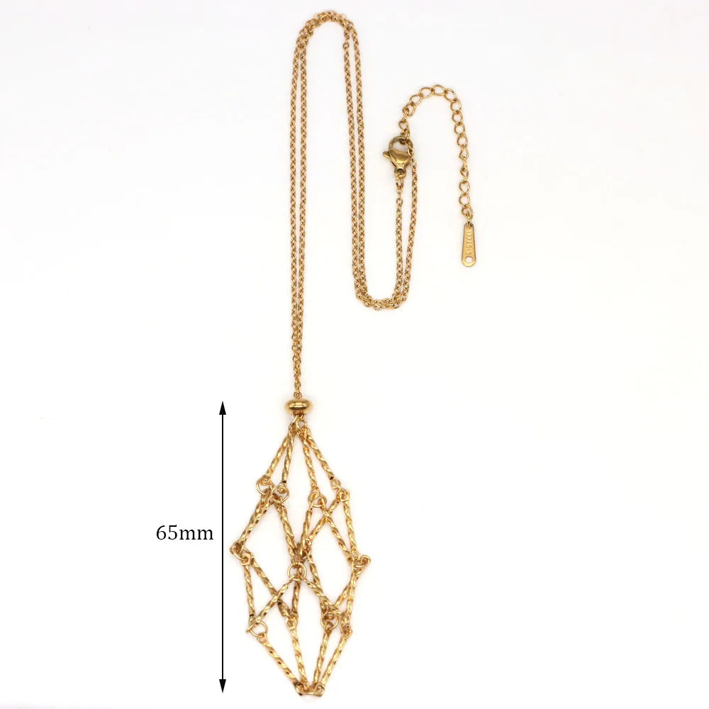 Crystal Cage Necklace Empty Stone Holder Wax Rope Stainless Steel Chain Adjustable Pendant Net Bag Natural Gem Jewelry Accessory