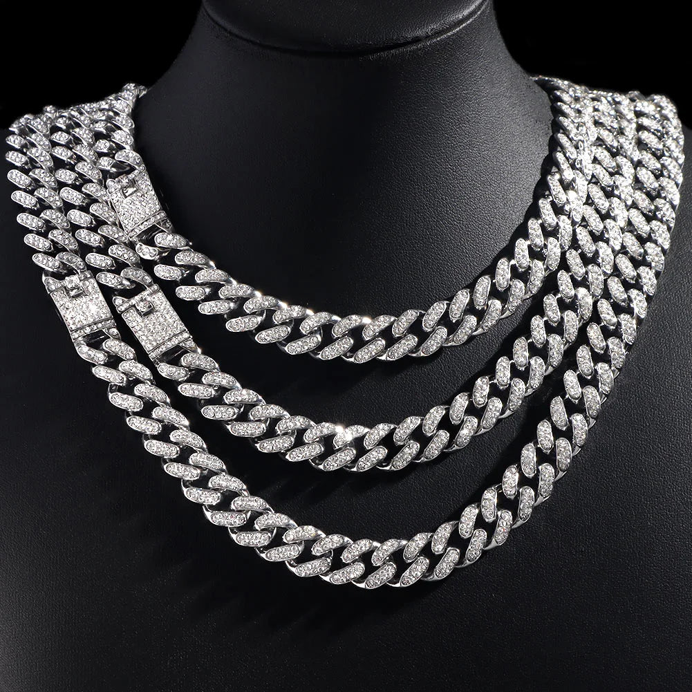 13/14/20MM HipHop Iced Out Chain Cuban Link Chain Necklace For Men Gold Silver Color Rhinestone Pave Men's Birthday Jewelry Gift