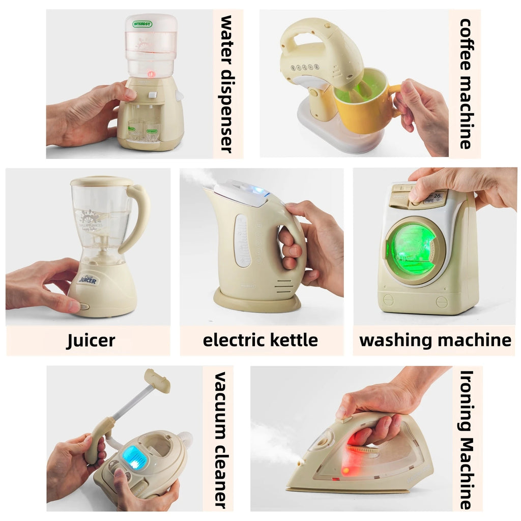 Children's simulated small household appliances, such as washing machines, vacuum cleaners, irons, juicers, and toys