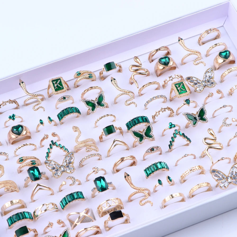 10/20/30/50/100Pcs/Lot Retro Punk Bohemian Rhinestone Carve Rings For Women Mix Style Jewelry Party Gifts Accessories Wholesale