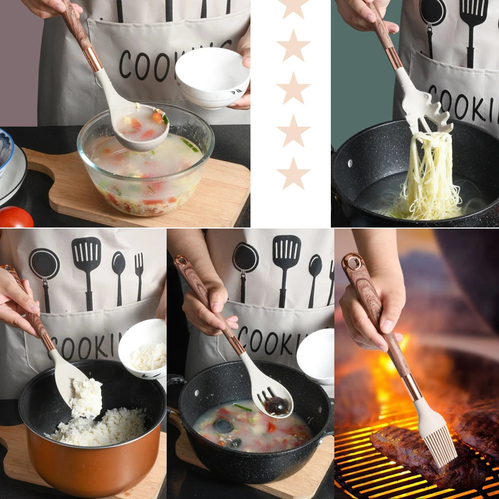 Gold Plated Handle Silicone Cooking Utensils Set Kitchen Non-stick Tool Gadgets BPA FREE Kitchenware Heat Resistant Spatula Set