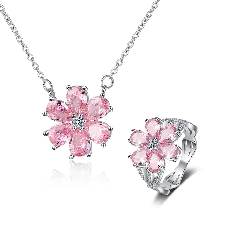 Fashion Wedding Ring for Women Pink Zircon Crystal Flower Pendant Bracelets Earrings Necklace Rings Fine Jewelry Sets FCGJHW