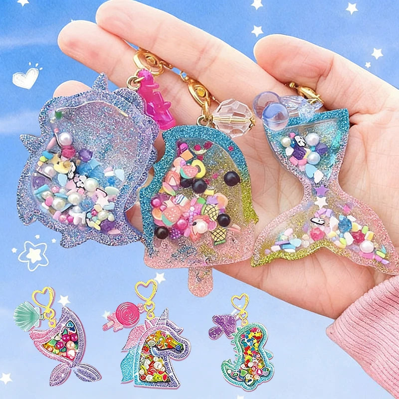 Kids DIY Crystal Glue Keychain Craft Toys Handmade Sparkling Beads Material Pack Kit Creative Children's Birthday Souvenir Gifts