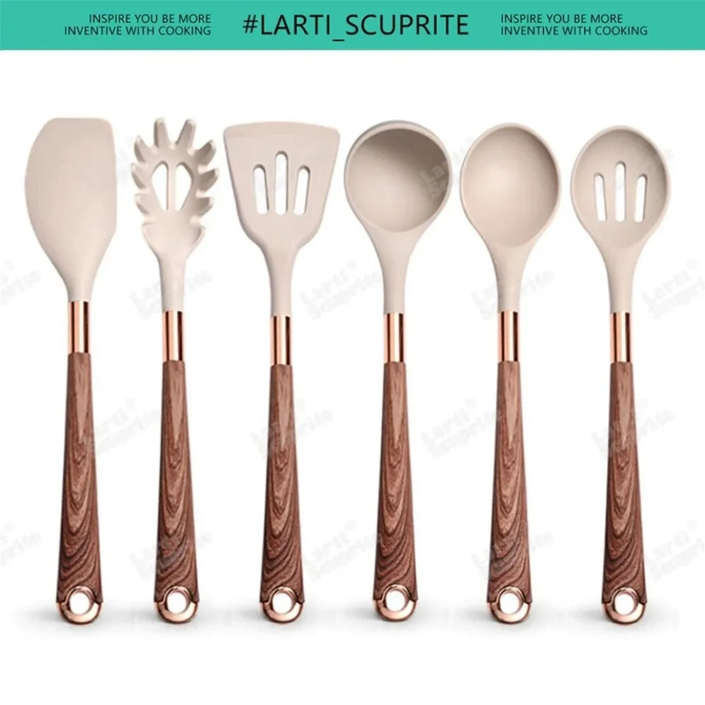 Gold Plated Handle Silicone Cooking Utensils Set Kitchen Non-stick Tool Gadgets BPA FREE Kitchenware Heat Resistant Spatula Set