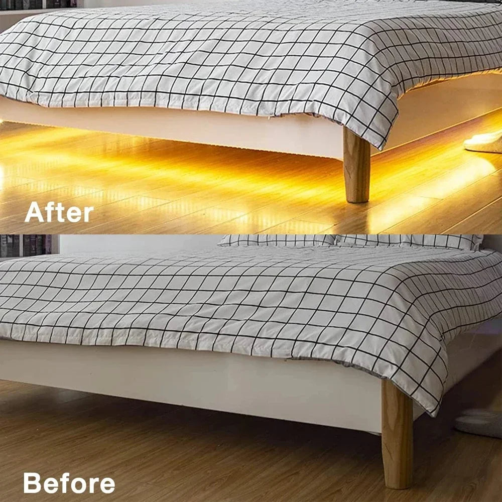 Suspended bed sensor LED light strip, low voltage 5V, USB powered, 1m to 20m, can be cut to any length, with a human body sensor switch that turns on when someone approaches. Night mode/day mode/constant light mode, su