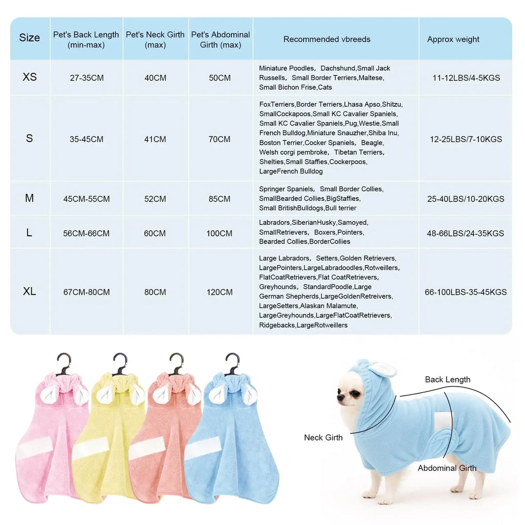 Pet Bathrobe for Dogs and Cats Super Absorbent Pet Dog Bath Towel Hooded Coat Adjustable Collar and Belly StrapXS To L