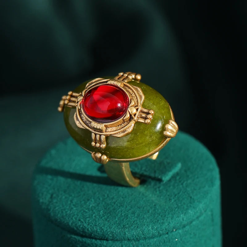 Elegant Vintage Rings for Women Copper Antique Gold Color Oval Crystal Emerald Round Natural Stone Designer Retro Jewelry