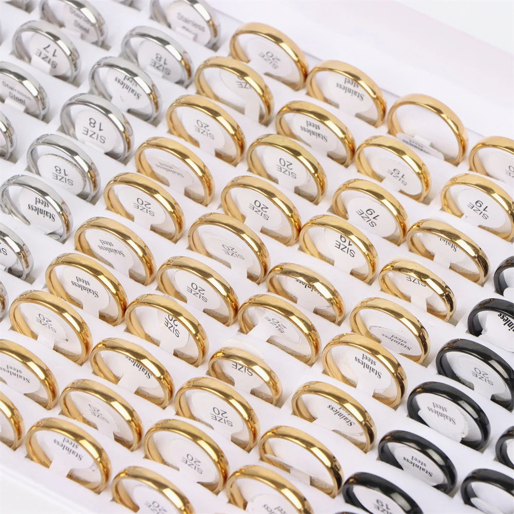 100Pcs/lot Fashion Smooth Stainless Steel Rings For Women Men Width 2-8mm Simple Lovers Jewelry Party