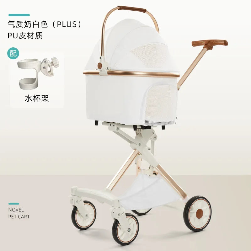 Lightweight White High View Pet Stroller One-click Foldable Cart for Small Medium Dogs Cats Outdoor Travel Pet Supplies Hot Sale