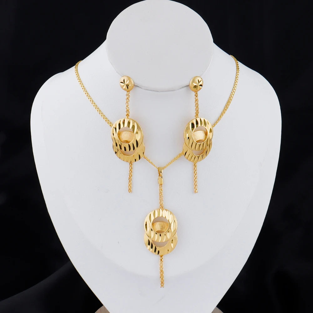 Dubai Gold Color Necklace Jewelry Set for Women Dangle Earrings and Necklace Bridal Weddings Earrings Engagement  Jewellery Gift