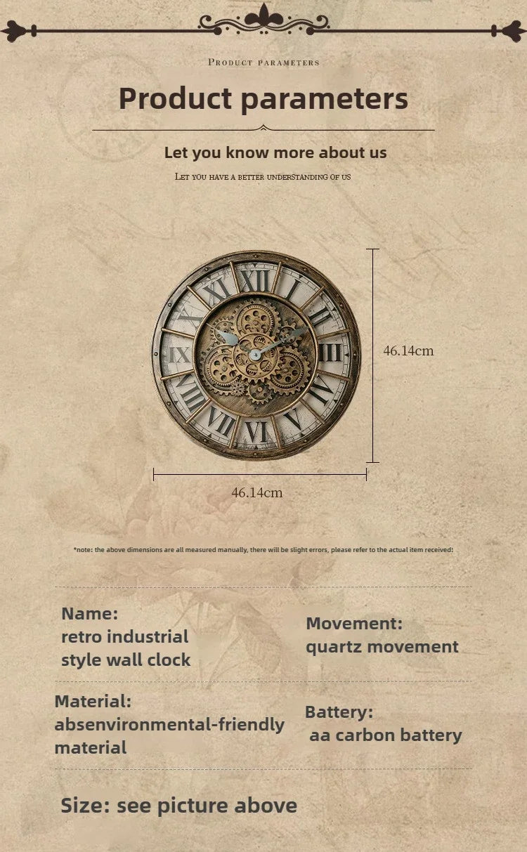 Retro Industrial Roman Wall Clock Gear Rotation Clock Living Room Decorative Wall Clock Stylish Silent Wall Clock Quartz Clock