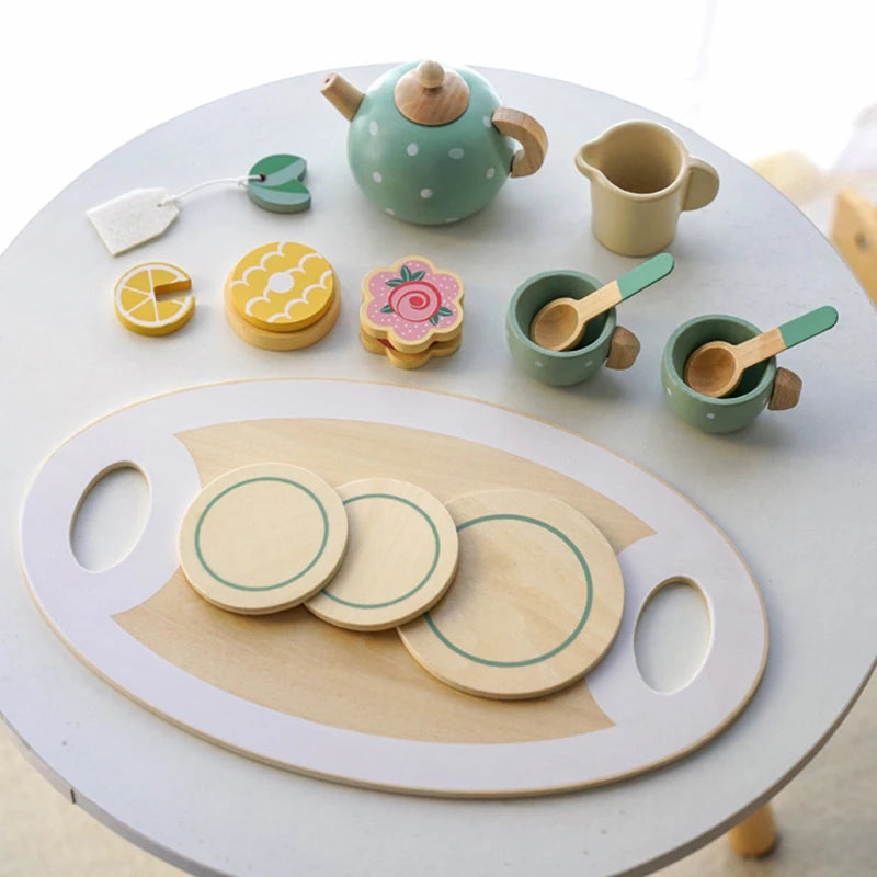 Kids Wooden Tea Set Play House Pretend Make Tea Play With Teapot Teacup Afternoon Snack Role Playing Toys Boys Girls Gift