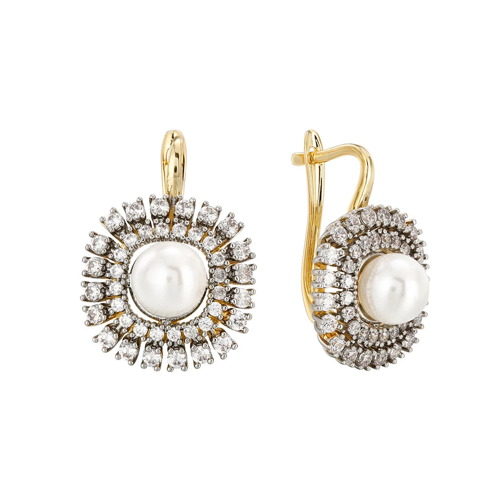 Women's Luxury Inlaid Zirconia Vintage Pearl Earrings Ring Set Copper Plated 14K Gold Fashion Jewelry Wedding Party Gift