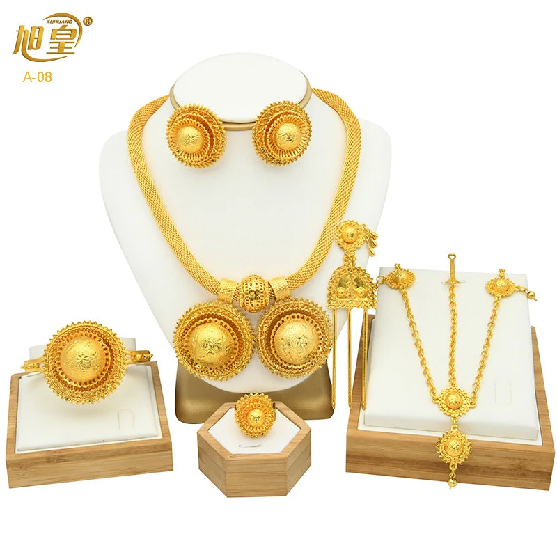 ANIID Ethiopian Gold Color 6pcs Jewelry Sets For Women Dubai Flower Shape Nigerian Luxury Necklace Jewellery Set Wedding Gifts