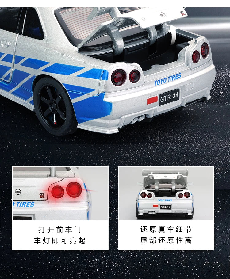 1:32 Scale GTR R34 R35 Diecast Model Alloy Toy Sport Cars Sound Light Pull Back high simulation Kid Birthday Gift Collect