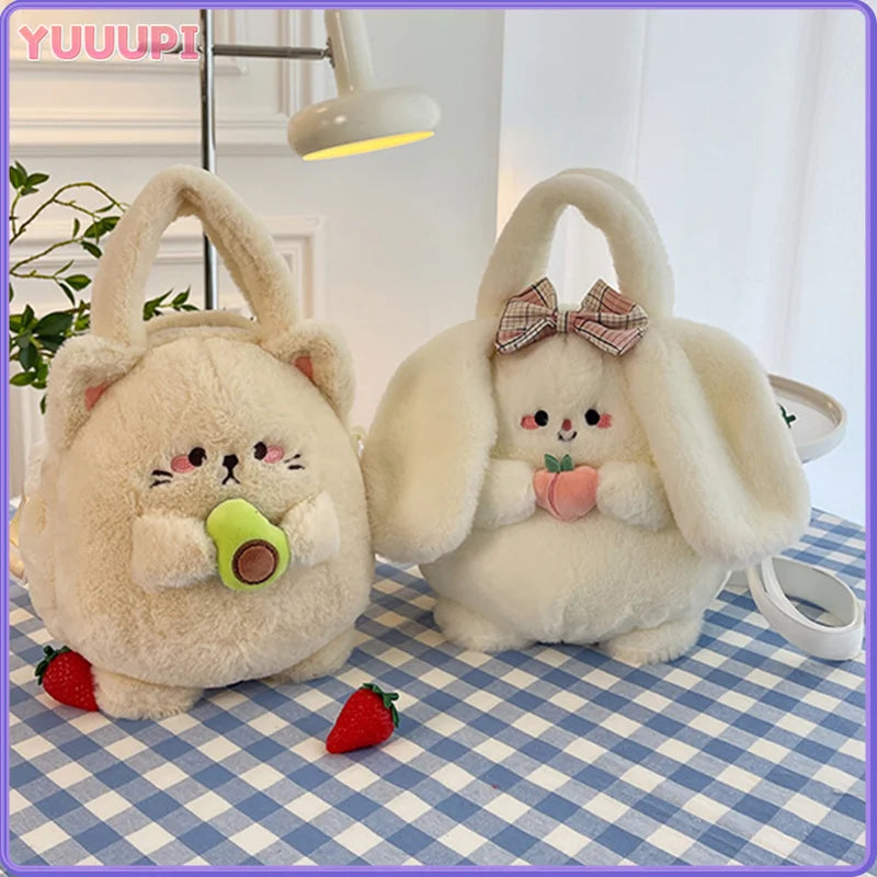 New Rabbit Kitten Plush Toy Backpack Stuffed Animal Rabbit Hold Peach Cat Hold Avocado Portable Shoulder Bag Girl Birthday Gifts