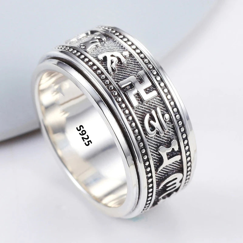 S925 Sterling Silver Ring Men Women Retro Buddhist Six-Character Great Mantra Ring Male Female Amulet Jewelry Exquisite Gift