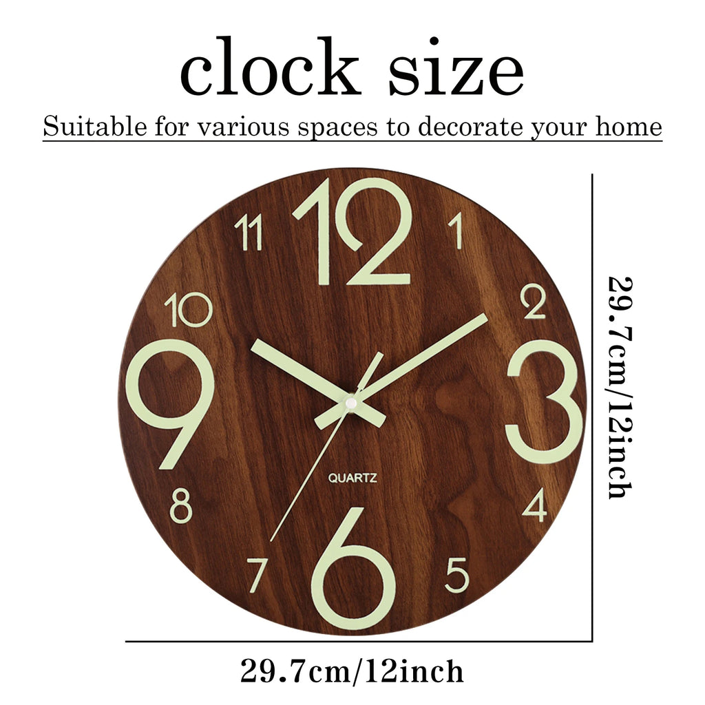 12 Inch Luminous Wall Clock Wood Silent Light in Dark Night Nordic Fashion Wall Clock Non Ticking Clock With Night Light