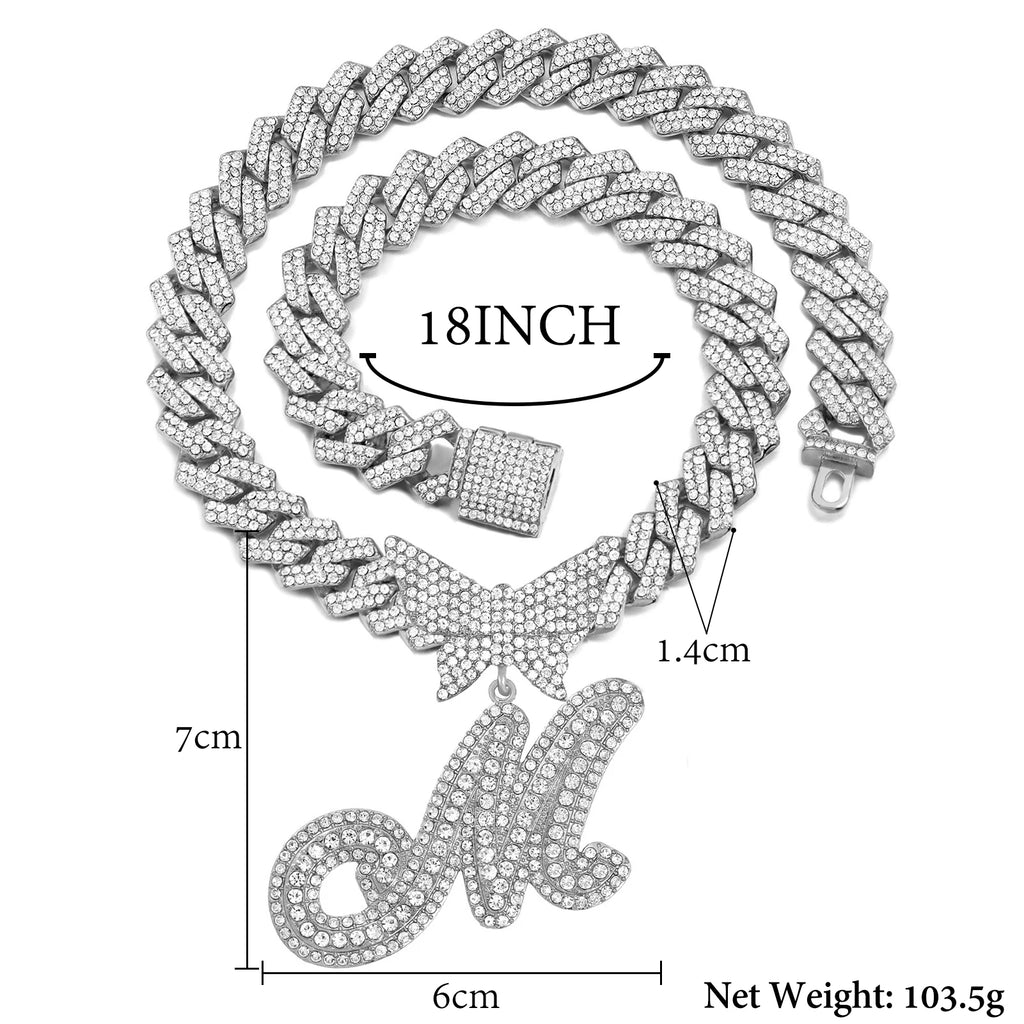 Men Women 14MM Cuban Chain Crystal Butterfly Initials Name Pendant Necklace Iced Out Cursive Letters Rapper Necklace Jewelry New