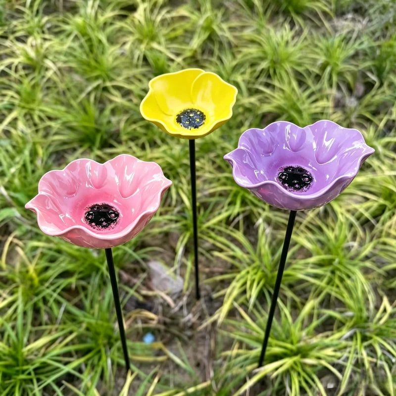 Garden Metal Flower Bird Bath Stake with Copper Bird Water Cleaner Disk Outdoor Yard Bird Water Bowl Bird Feeder Garden Ornament