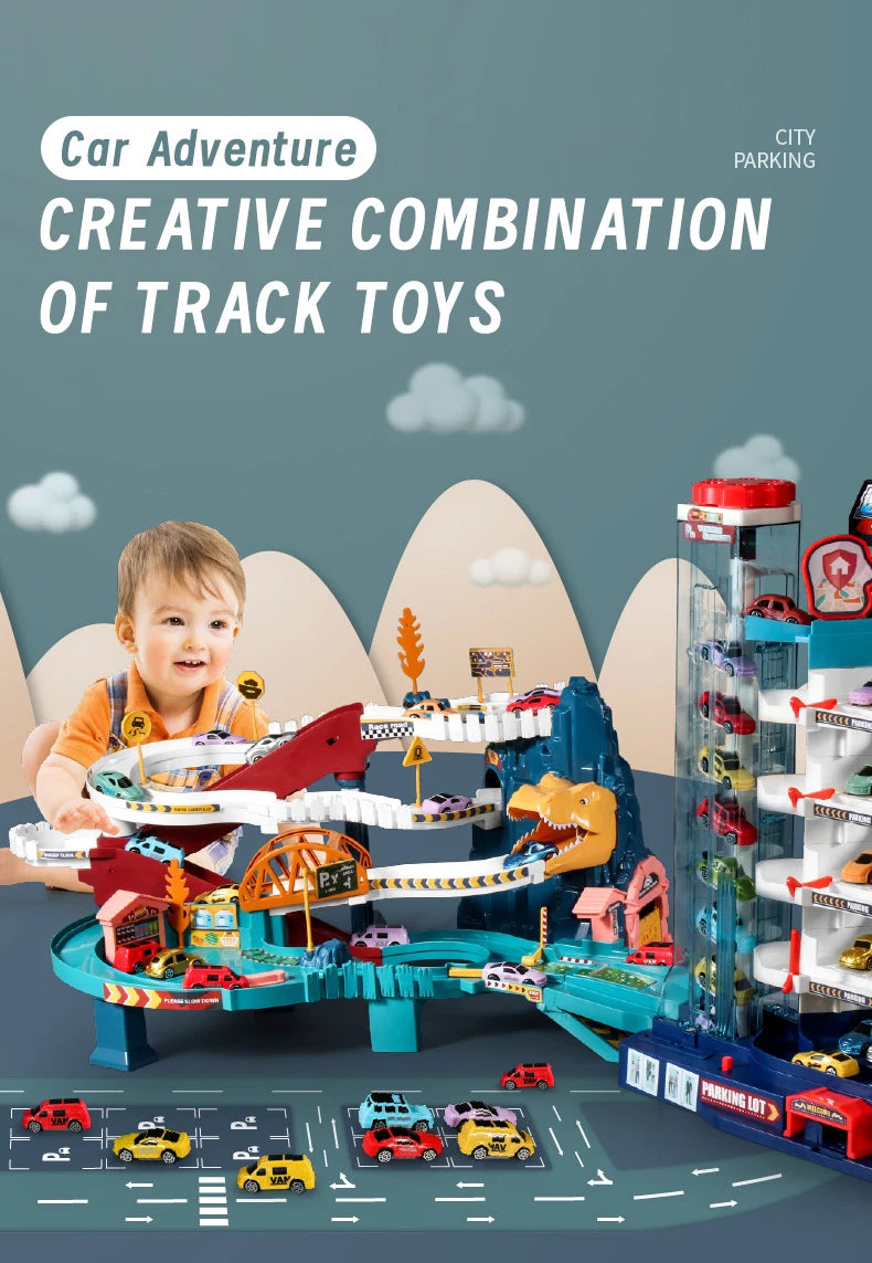 Electric Dinosaur Mountain Road Rail Kids Puzzle Playful Toy Adventure Car Small Train Car Parking Lot For Boys Birthday Gift