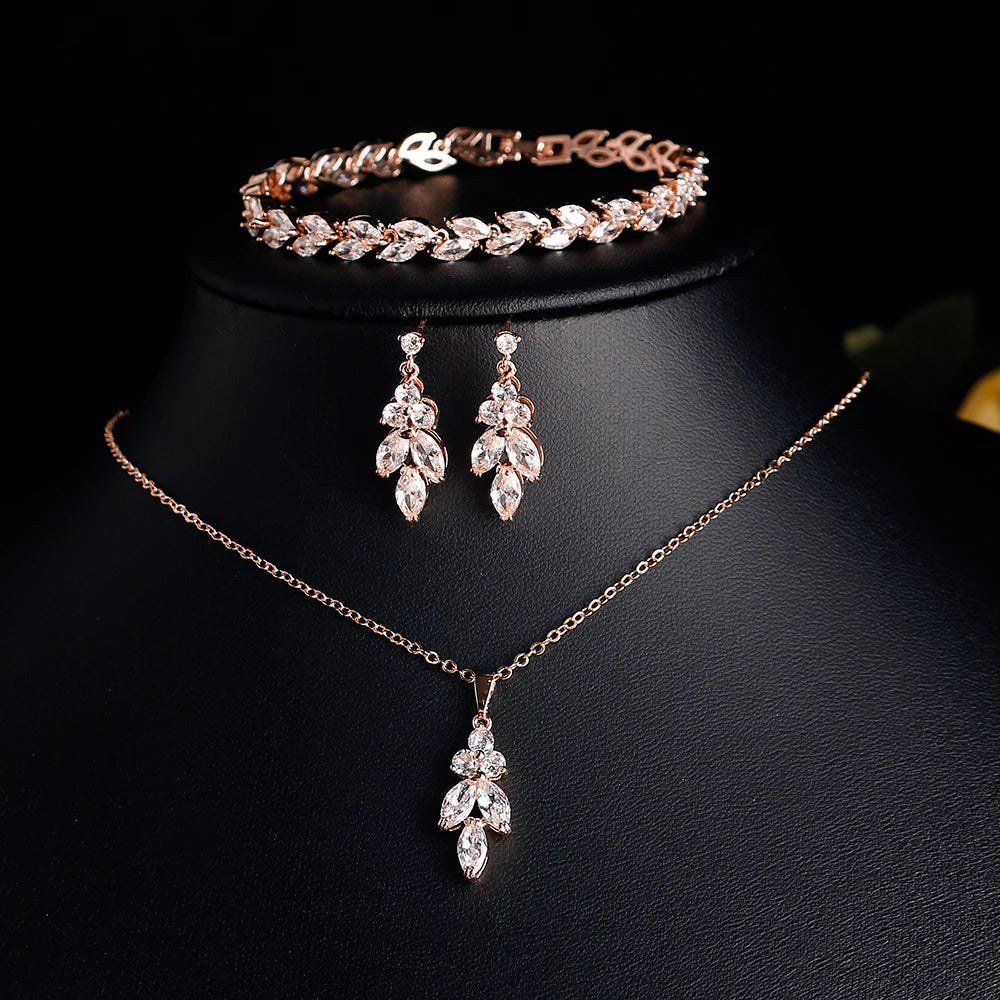 ZAKOL Luxury Brilliant Zirconia Leaf Necklace Earrings Rings Bracelets Set for Women CZ Drop Bridal Wedding Jewelry Sets New