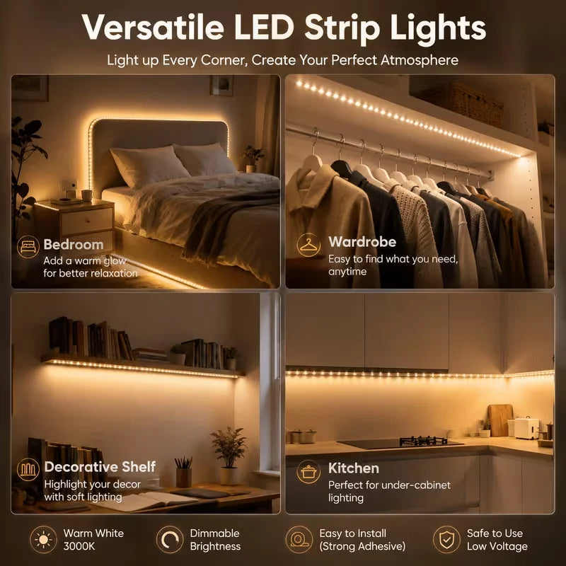 1 Led Light Strip with Touch Control Dimming, Low Voltage 5V, USB Powered, Touch Switch, Long Press to Adjust Light Brightness, Can Be Cut to Different Lengths, 3000K Warm White/6000K Pure White Led Strip, Suitable for