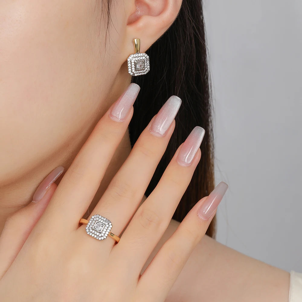 Square design inlaid zircon earrings ring copper plated 14K gold fashion jewelry set birthday party exquisite gift jewelry