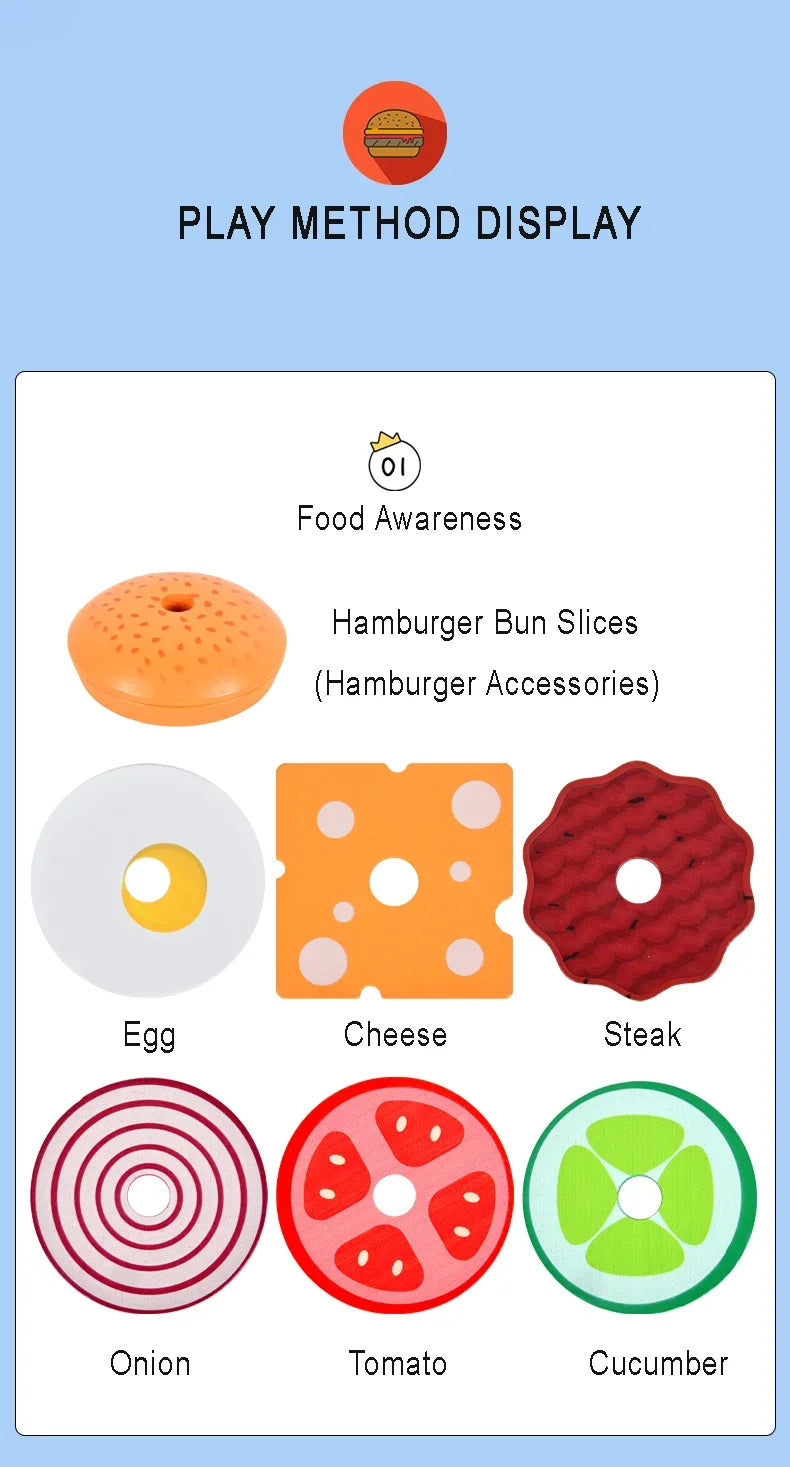 Children Pretend Play Kitchen Wooden  Toys Hamburger Sandwich Simulation Food Matching Games Montessori Educational Stacking Toy