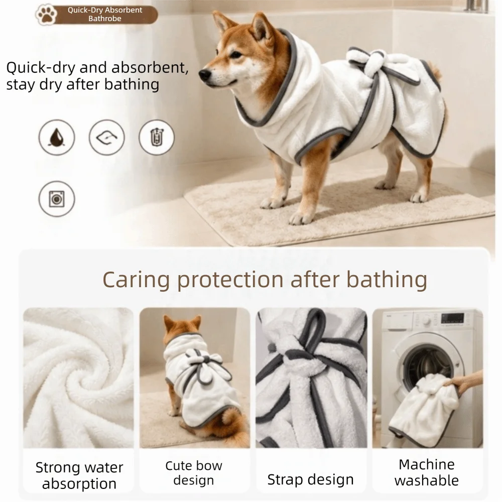 Coral Fleece Pet Bathrobe Towel Absorbent Tie Up Style Dog Bath Towel Comfortable Hooded Pet Drying Towel Dog Cat Pet Products