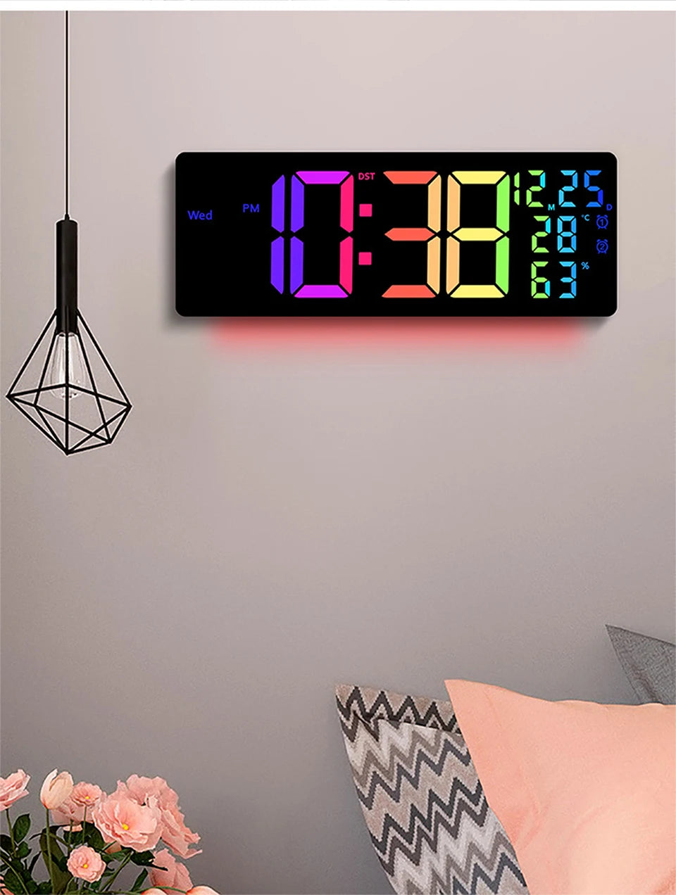 17" Large Digital Wall Clock 11Colors Dispaly & Dynamic RGB LED Clocks Temp Date Week Display Remote Control Dual Alarms Clock