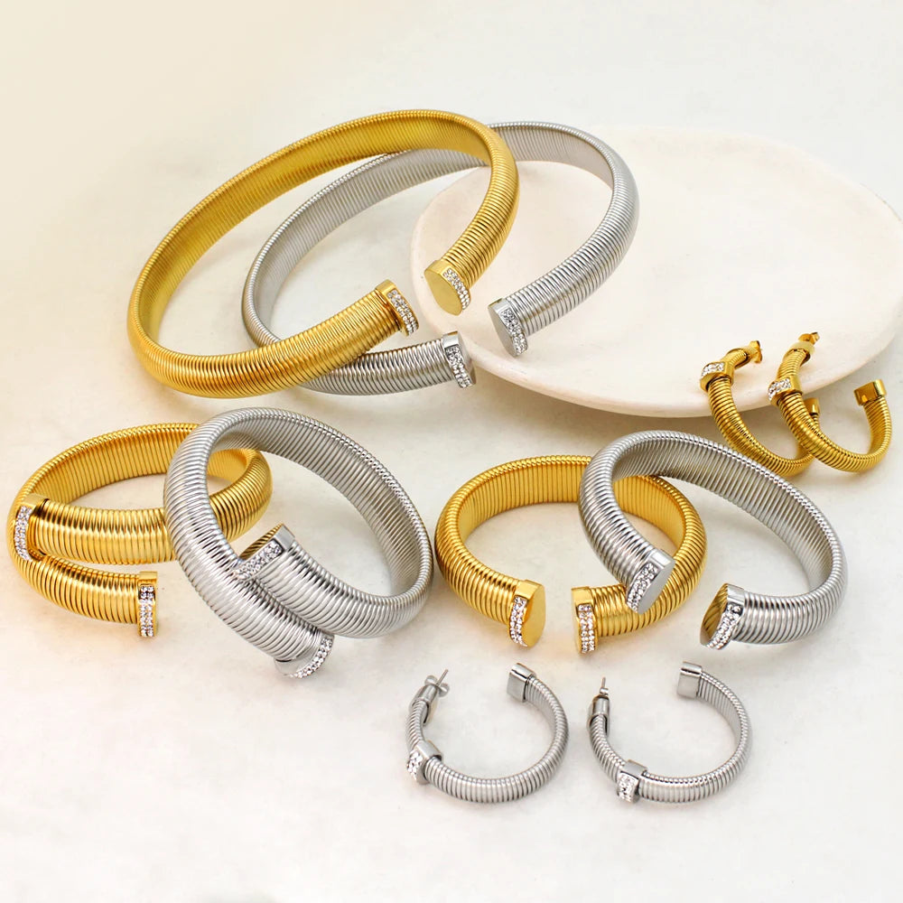 High Quality Cross Cuff Stainless Steel Jewelry Set Personalized Spiral Texture 18K Gold Plated Arm Neck Bijoux Waterproof