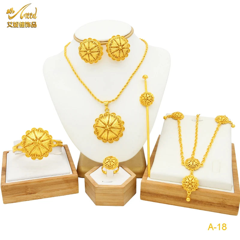 ANIID Ethiopian Gold Color 6pcs Jewelry Sets For Women Dubai Flower Shape Nigerian Luxury Necklace Jewellery Set Wedding Gifts
