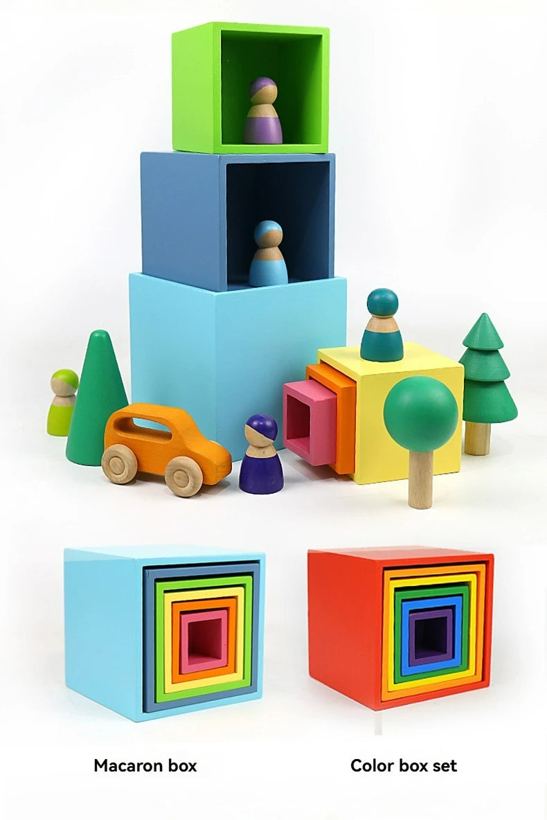 Wooden Rainbow Block Colorful Stacking Building Block Children Open-shaped Creative Building Blocks Montessori Educational Toy