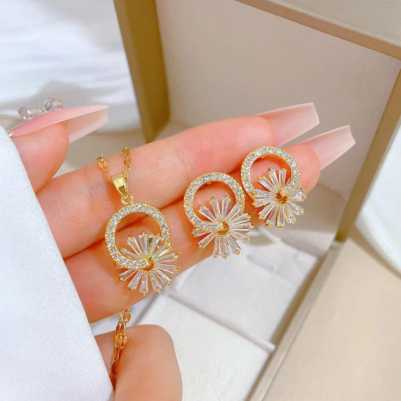 Stainless Steel Austrian Crystal Enamel Square Pendant Jewelry Sets Women African Costume Jewelry Maxi Necklace Earring Set