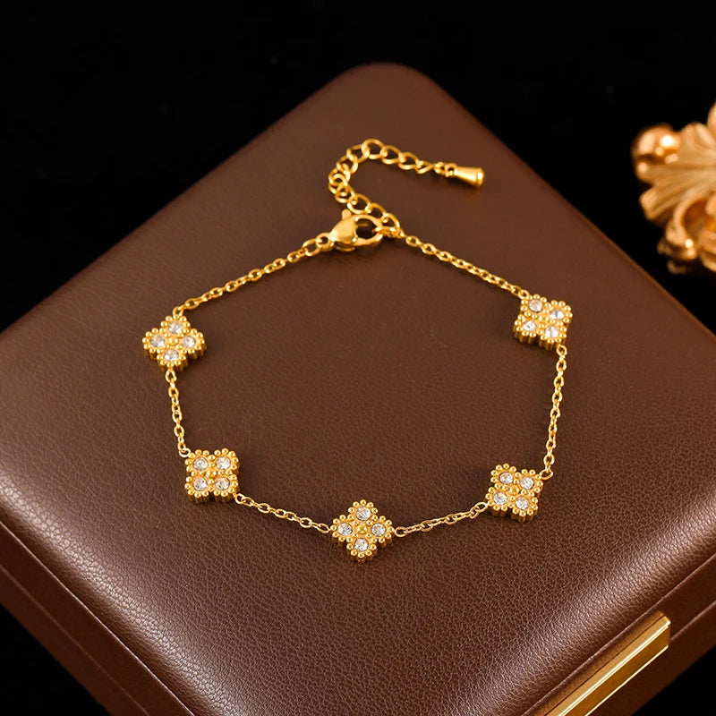 GANEMLY Stainless Steel  Sparkling White Zircon Flower Necklace Bracelet Earrings Set For Women Trendy Waterproof Jewelry Gift