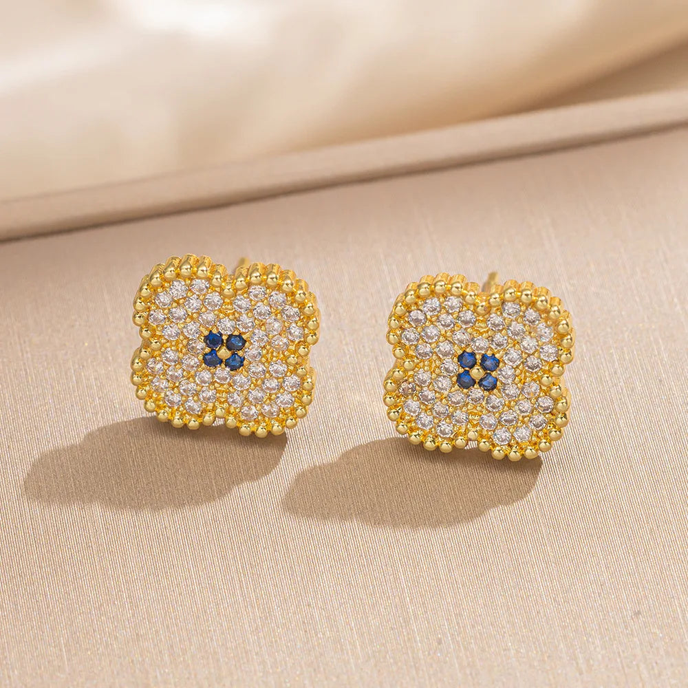 LENNIK Premium Lucky Clover Luxury Full Zircon Micro Pave Earrings Necklace Ring Set, Versatile for Daily/Party, Perfect Gift