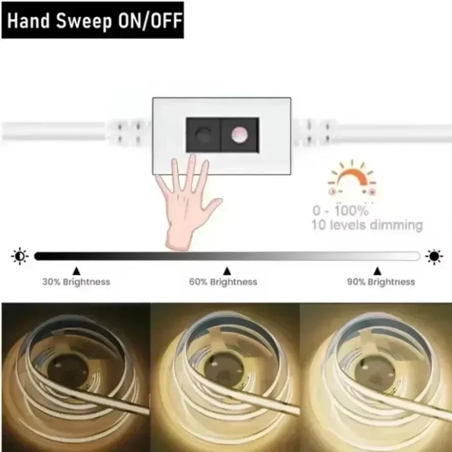 Dimmable 5V USB 5m COB LED Strip Light with Hand Scan Dimmable Touch Sensor Switch Push Switch Room TV Background Decoration