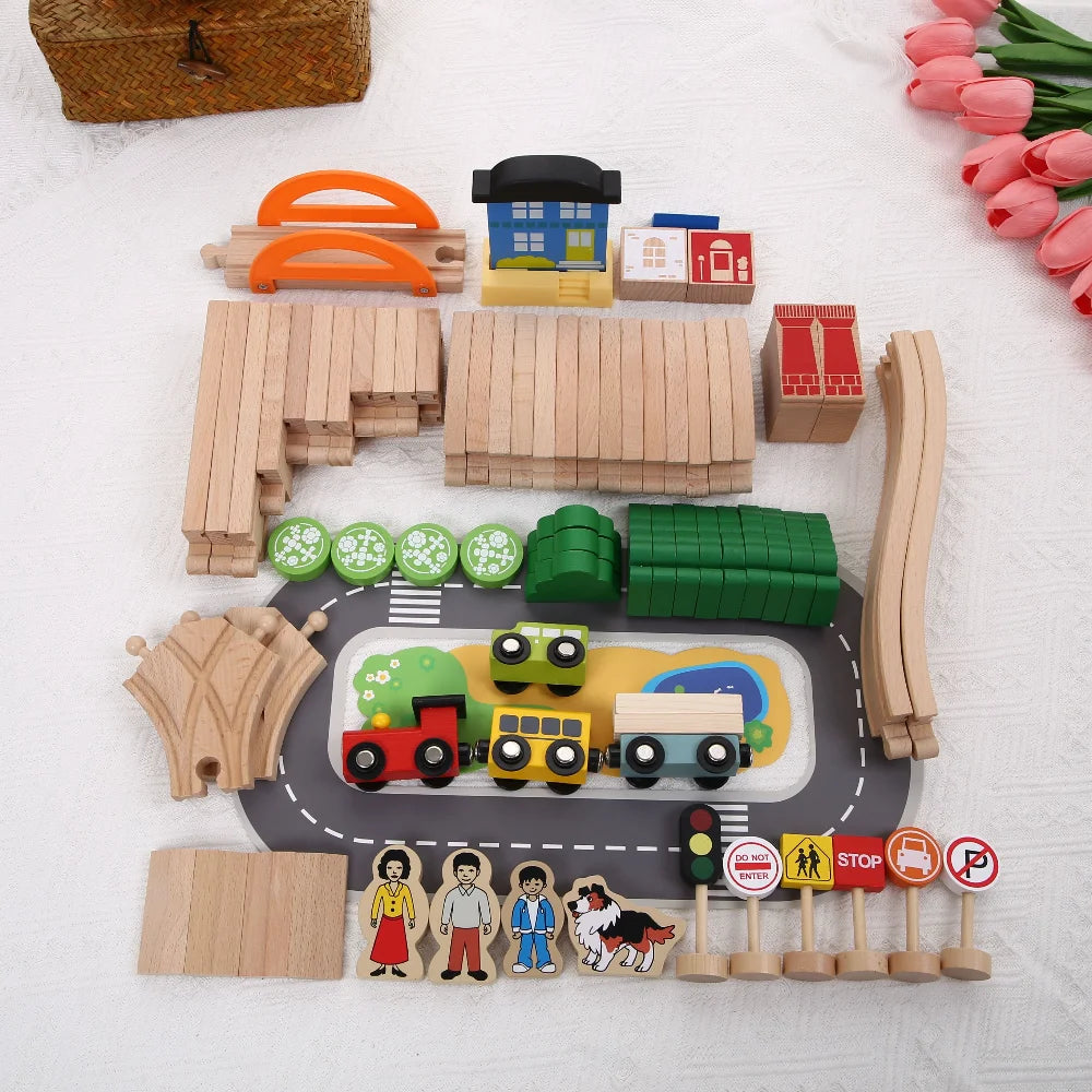 Boys Wooden Track Train Set Wooden Railway Car Educational Toys Compatible for Wooden Track Toys for Kids Gift
