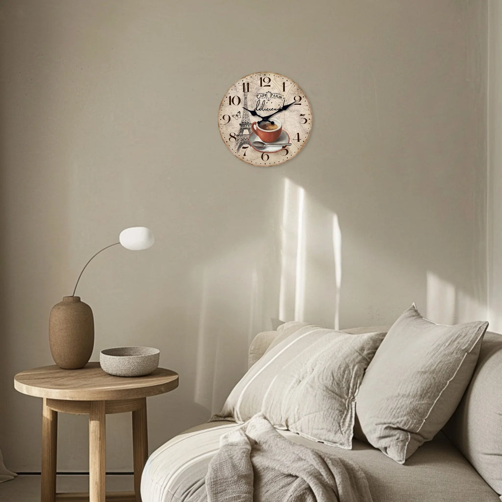 French Retro Paris Eiffel Tower Coffee Cup Wooden Wall Clock Living Room Bedroom Kitchen Home Decoration Wall Clock Silent Quartz Clock Holiday Gift 10 Inches 12 Inches 14 Inches 16inch (Without Batteries)