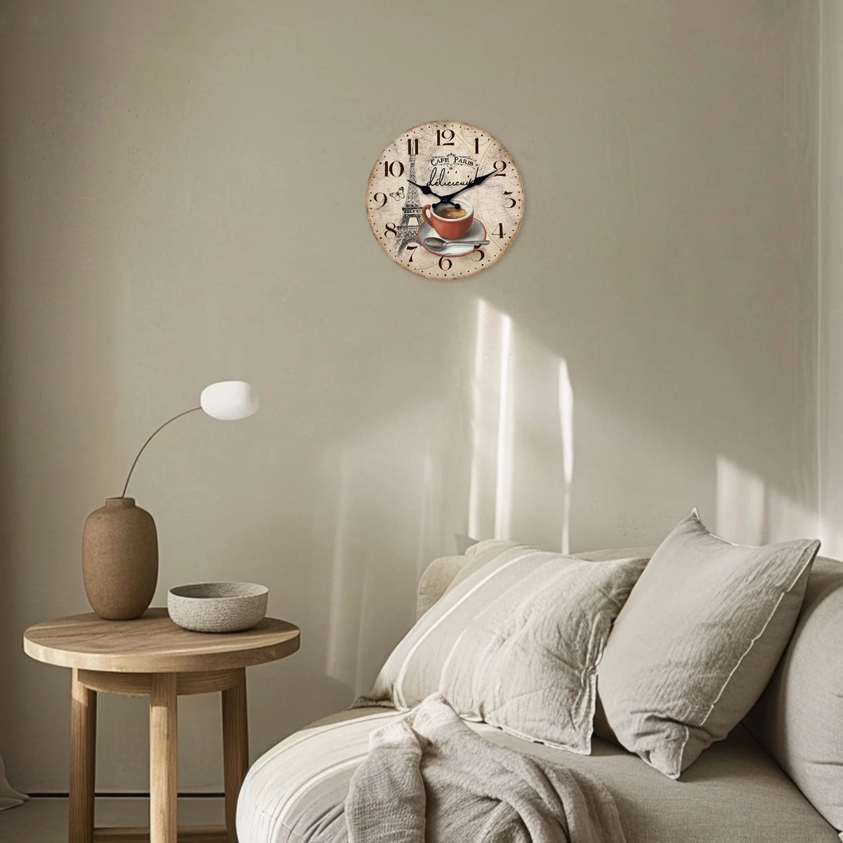 French Retro Paris Eiffel Tower Coffee Cup Wooden Wall Clock Living Room Bedroom Kitchen Home Decoration Wall Clock Silent Quartz Clock Holiday Gift 10 Inches 12 Inches 14 Inches 16inch (Without Batteries)