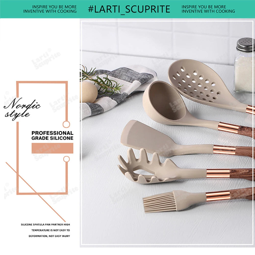 Gold Plated Handle Silicone Cooking Utensils Set Kitchen Non-stick Tool Gadgets BPA FREE Kitchenware Heat Resistant Spatula Set