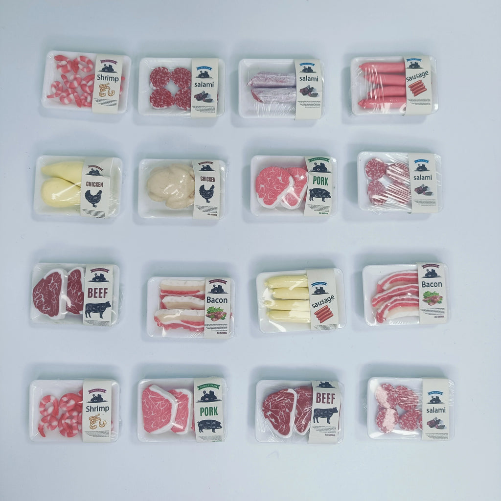 New 1BOX 1/12 Dollhouse Miniature Supermarket Food Simulation Beefsteak Salmon Bacon Chicken Beef Roll for Doll House Accessorie