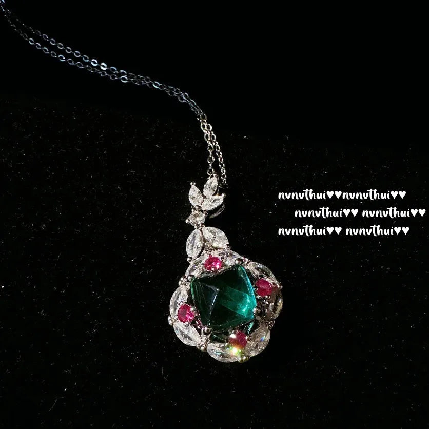 Luxury Vintage Tourmaline Lab Emerald Jewelry Sets for Women Platinum Plating Green Gemstone Inlady Trendy Ring/Earring/Necklace