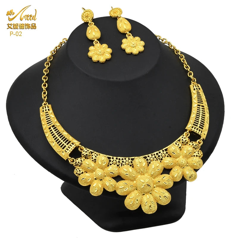 ANIID African Jewelry Set Big Necklace Dubai Ethiopian Gold Color Jewelery Earring Bracelet For Women Bridal Choker Wholesale