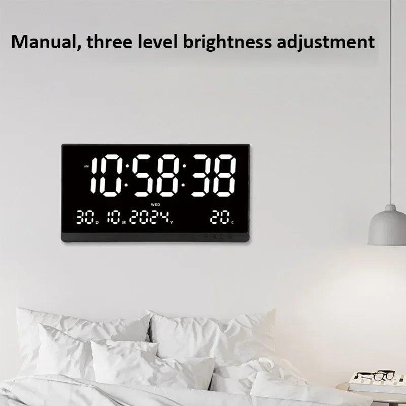 21 Inch Large Digital Wall Clock USB Powered Time Calendar 12/24H Time/Day/Month/Year/Temp Display Electronic LED Alarm Clock