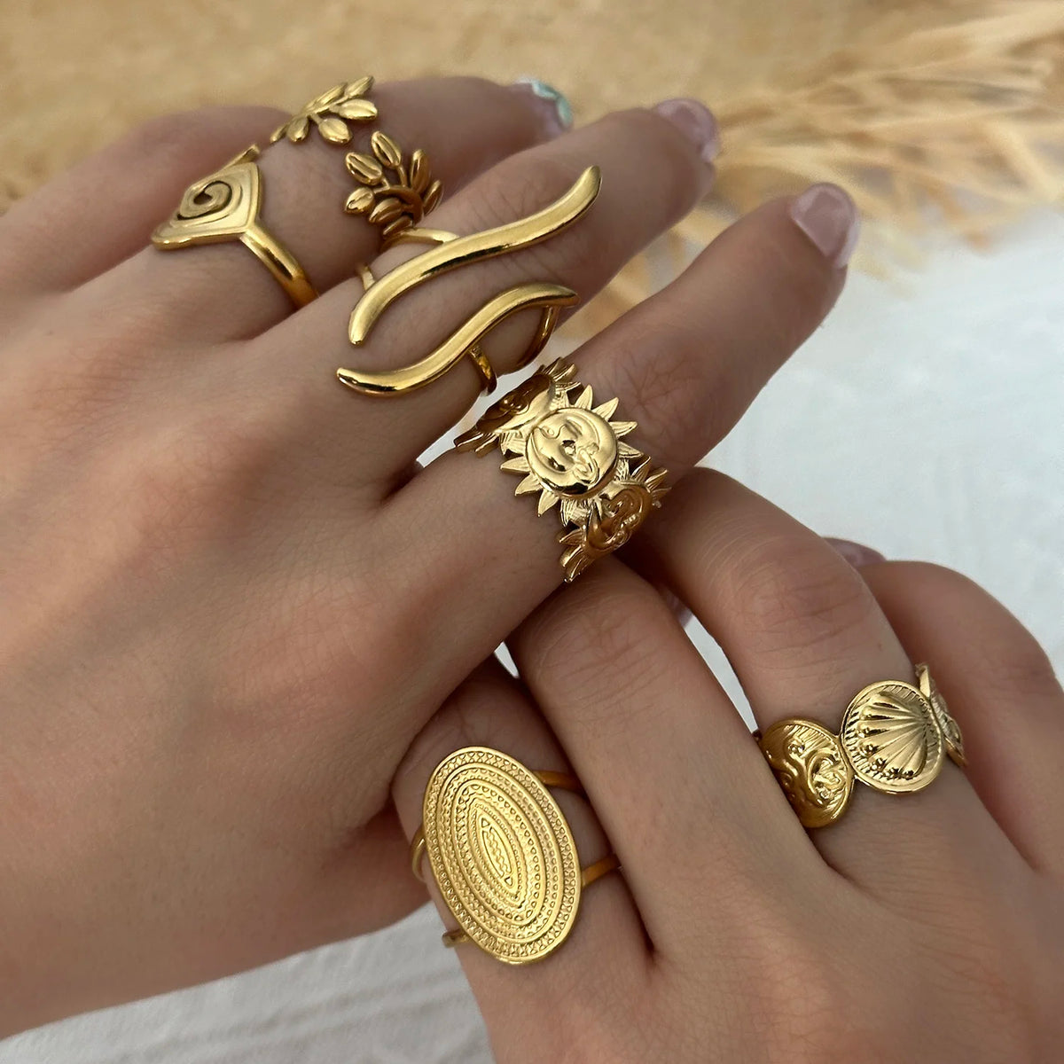 Gmai PVD Plated Stainless Steel Open Rings Set for Women Vintage Sun Leaf Shell Geometric Cuff Ring Hypoallergenic Jewelry Gift