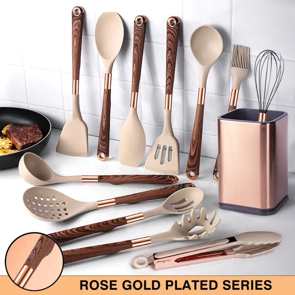 Gold Plated Handle Silicone Cooking Utensils Set Kitchen Non-stick Tool Gadgets BPA FREE Kitchenware Heat Resistant Spatula Set