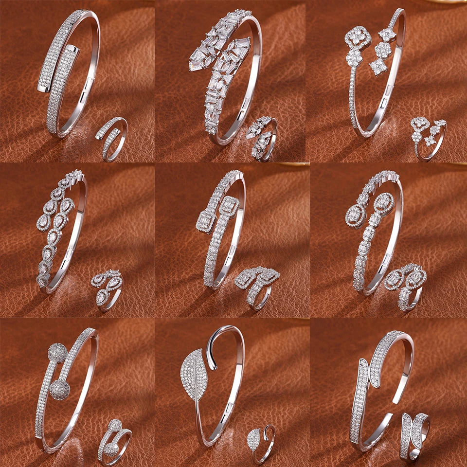 ZAKOL 9 Styles Slivery Open Bracelet Ring Jewelry Set Luxury Shiny Zircon Middle East Trendy Jewelry for Women Gift